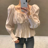 Chic Korea Off Shoulder Tops Blusas Women 2021 Spring Solid Color Bow Tie Slim Waist A Line Belly Peplum Short Shirts
