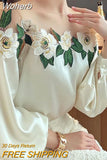 Splicing Embroidery Satin Shirt Women Long Sleeve High Quality Elegant Blouse Women Casual Tops Loose Blouses Fashion 24976-Outfit