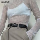 Autumn See Through Sexy T-Shirts Tees Turtleneck Y2K Tops Fashion Women Long Sleeve Streetwear Slim Clothes Elegant 21979-Outfit