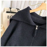 Solid Sweater Cardigan Women Sailor Collar Knitted Sweater Coats Casual Loose Zip Up Korean Fashion Knitwear Chic Tops-Outfit