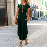 Women Casual Dress Plus Size Boho Short Sleeve Long Dresses For Women Elegant Female Beach Dress Red Black Green