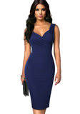 Formal V-neck Sleeveless Solid Pleated Midi Pencil Office