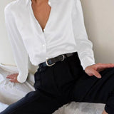 Fashion Satin Blouse 2022 Summer Women Long Sleeve Vintage Buttons Lapel Street Party Shirt Elegant Silk Tunic Top