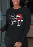Christmas Pattern Printed Black O-neck Long Sleeve Cotton