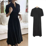 2021 Spring Autumn Chic Korean Temperament Lady Women Long Maxi Solid Black Single Breasted Button Shirt