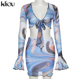 Kliou Bow Lace Print Sheath Sexy Women Two Piece Sets 2021 Flare Sleeve V-Neck Hot Female Mesh Ruched Clubwear