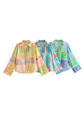 2023 Women Summer Blouses Shirts Tops Fashion Patchwork Print Single Breasted Satin Female Casual Elegant Tops Clothing-Outfit