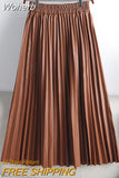 Women Autumn Midi PU Faux Leather Pleated Skirt Elegant Vintage Elastic High Waist Long A-line Skirt QT1907-Outfit
