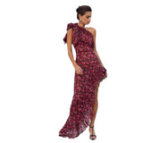 New Women's Sexy Slanted Shoulder Lotus Side Print Irregular Dress