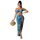 Piece Fashion Sexy Lace Up Print Top Drawstring Skirt