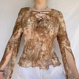 Spring Female Mesh T-shirt Y2K Vintage Print Sexy Women Front Cross Tie Up V Neck Long Split Flare Sleeve Crop Tops
