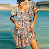 Bohemian Women Mini Dress Casual A-line Short Dress2022 Summer Floral Printed Half Sleeve Lace Up O Neck Party