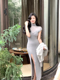 Bodycon White Turtleneck Knitting Midi Dresses for Women 2023 Autumn Winter New Elegant Party Split Vestidos Female Clothes-Outfit