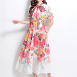 Famous Bow Tie With Lantern Sleeve High-Rise Dress Female Thin Elegant Print