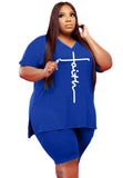 Plus Size Casual Print V-Neck Long Sleeve Top Biker Shorts