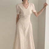 Cotton Linen Long Dress Summer Slim Waist A Line Temperament Lady Retro Vintage Cute Korean Chic Women Dresses