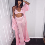 Sexy Women Pants Sets Long SleeveTops with Feather High Waist Flared Trouser Sheer Mesh See-through Slimming Clubwear-Outfit