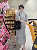 Woherb Chic Summer Sweet Age Reduction Round Collar Side Open Fork Loose Casual Long Bubble Sleeve Hoodie Dress Female-Outfit