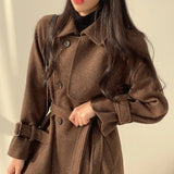 Woherb Chic Autumn And Winter Leisure Fashion Tie With Waist Small Wool Coat Women's Senior Sense Woolen Coat-Outfit