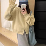 Woherb Style Multi-Color Hooded Double Zipper Knit Cardigan Women's New Short Hair Sweater Hoodie Autumn And Winter Small Coat-Outfit