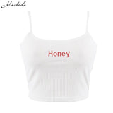 2018 New Fashion Women Tank Tops Red White Letter "Honey" Print Sexy Casual Sleeveless Camisole Crochet