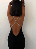 Black Sexy Sleeveless Solid Backless Chains Midi