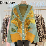 2021 Autumn New Vintage Harajuku Sweaters Korean Floral Embroidery V Neck Midi Length Cardigans Japanese Kawaii