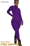 Wear Solid Autumn Tracksuit Women Casual Turtleneck Long Sleeve Pullover Top and Pants Slim Two Piece Set Basic Outfits-Outfit
