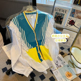New Fashion Rainbow Striped Stitching Knitted Sweater Korean Style V-Neck Ruffled Long Sleeved Casual Outer Women Clothes-Outfit