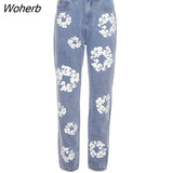 Puss Y2K Flowers Print Jeans Women Casual Autumn High Waist Straight Pants Elastic Streetwear Hip Hop Loose Denim Trousers-Outfit