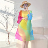 House Folded Spring And Summer New Geometric Impact Color Printing Dress Loose Meat Masking Long Sleeve Color