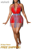 Hot Drilling 2 Piece Set Outfits Summer Sexy Halter Lace Up V Neck Backless Bodysuit Top + Tassel Mini Skirt Club Sets-Outfit
