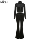 Kliou Solid Velour Two Piece Set Women Simple Casual Zipper Long Sleeve Turtleneck Top+Bandage Lace Slim Female Wide Leg