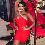 Quality Red Blue Black One Shoulder Sparkly Beading Rayon Bandage Dress Elegant Cocktail Party Dress