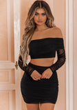 Sexy Mesh Ruched Off Shoulder Long Sleeve Cropped Top and Mini Pencil Skirts 2 Piece