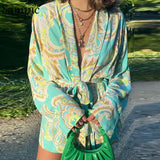 Summer Green Bandage Casual V Neck Loose Mini Long Sleeve Blouse Dress Tie Dye Print Chic Party Club Fashion Short