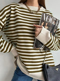 Neck Vintage Striped Sweater Pullovers For Women Casual Loose Long Sleeves Jumpers Autumn Female Drop Shoulder Kintting