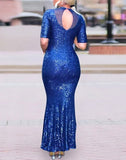 Elegant Sequins Round Neck Short Sleeve Slim Formal Evening