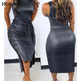 Women Buttoned Split Hem PU Leather Bodycon Dress 2023 New Femme Casual Round Neck SleevelessMidi Robe Sexy Lady Outfits-Outfit