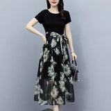 Summer Oversized Fake Two Pieces Patchwork A-line Dress Women Short Sleeve Casual Fashion Robe Floral Print Long Dresses-Outfit
