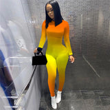 hirigin Women Gradient Print Long Sleeve Sport Bodycon Jumpsuit Bandage Skinny Jumpsuit Streetwear Autumn Winter Romper