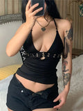 Woherb 2024 Sexy Day Word Button V Neck Low Chest Hanging Neck Tight Navel Bottom Small Vest Top-Outfit