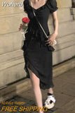 2 Piece Dress Set Woman Casual Long Sleeve Crop Tops + Elegant Solid Strap Midi Dress Party Korea Fashion Suit 2023 Summer-Outfit