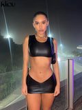 Kliou Simple Faux PU Leather Two Piece Set Women Concise Skinny Sleeveless Vest+ Sexy Unique Cut Out Skirt Streetwear