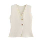 Women's 2025 Summer New V-Neck Gold Button Knitted Vest + Folding Skirt