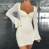 2021 Autumn Winter Women Ruched Square Neck Flare Long Sleeve Mini Dress High Neck Bodycon Sexy Casual Streetwear