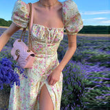 Vintage Floral Dress Women Summer Square Collar Puff Sleeve Long Dress Sexy Off Shoulder Side Split A-line Dress