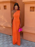 Orange Oblique Shoulder Maxi Dress For Women Sexy Slim Open Back Sleeveless Pleated Robe 2024 Female New Elegant Streetwear-Outfit