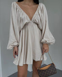 New V-Necked Long-Sleeved Dress Independent Design Bubble Sleeve