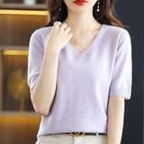 Woherb 2024 New Short-Sleeved Sweater Women's T-Shirt Solid Color V-Neck Short-Sleeved Bottom Shirt Top Thin Style A Hair-Outfit